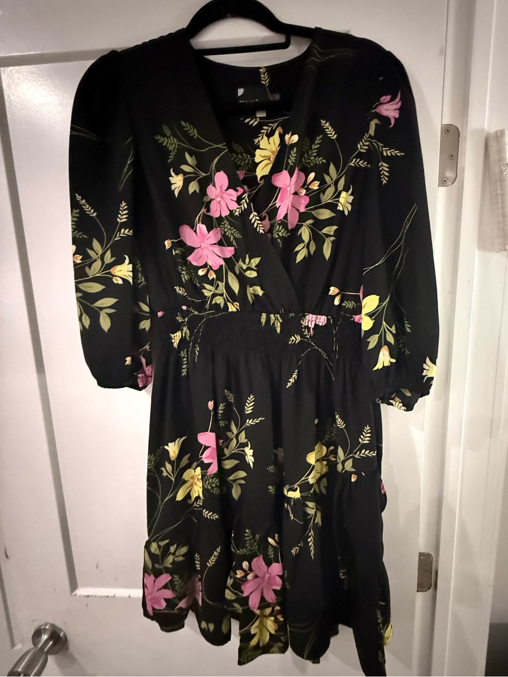 Maison Tara Black Top with Yellow and Green Floral Embroidery